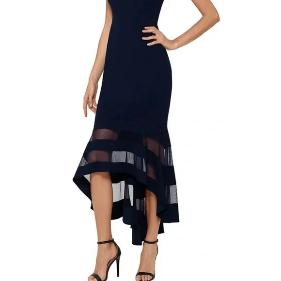 ❤️XSCAPE Womens Navy Zippered Sleeveless V Neck Midi Cocktail Mermaid Dress - Picture 2 of 9